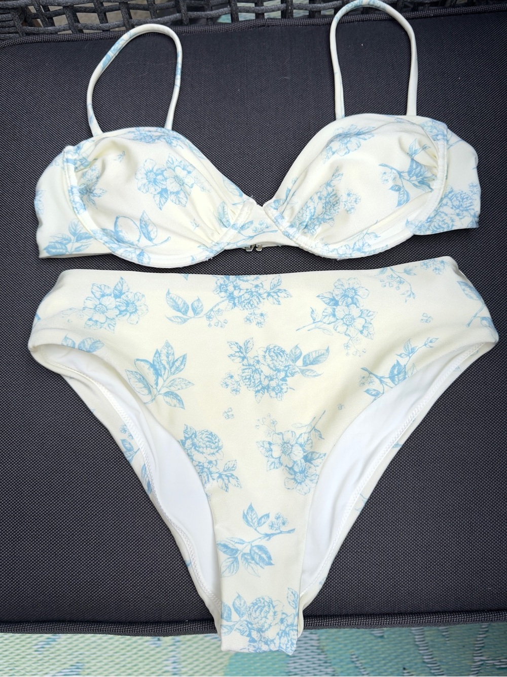 White and Light Blue Floral and Lemons Underwire Bikini and High Waist Bottoms